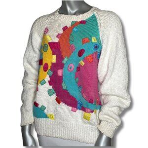 Vintage 80s Bonnie Boerer Colorful Abstract Knit Sweater Ramie Cotton M Pop-Art